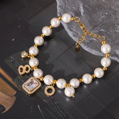 Elegant White Shell Square Zircon Pendant Necklace Bracelet Set Women's Stainless