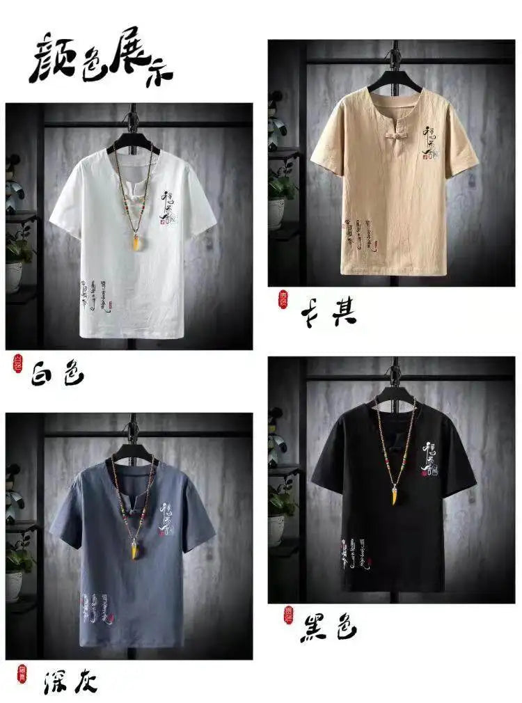 (Shirt + trousers) 2025 summer Chinese Style men shirt Cotton and linen shirts men's High quality casual shirts Two Piece M-5XL