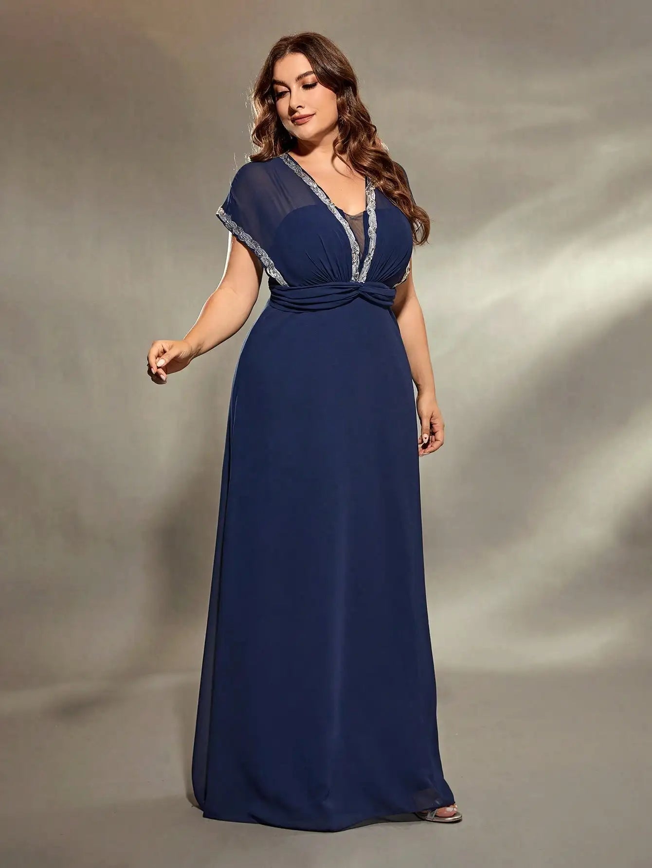 Mgiacy plus size V-neck Silver sequin Lace Bat-sleeve waist kink A swing long dress Evening gown Ball dress Party dress