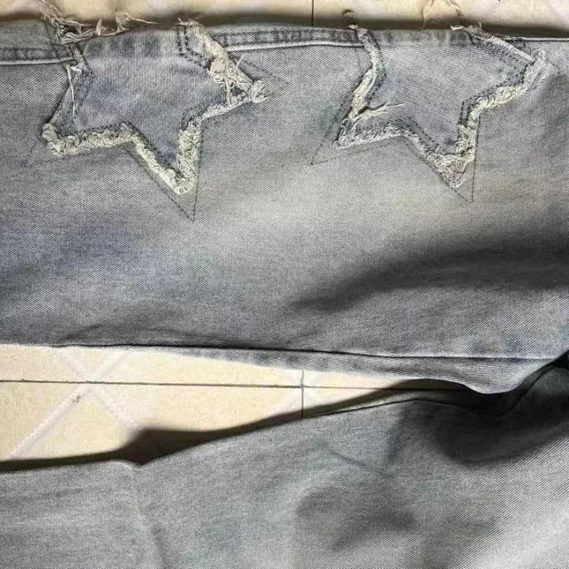 High Waist Slim Wide Leg Cargo Pants Women Star Patchwork Simple All-match Jeans