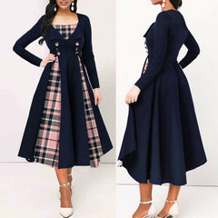 Plus Size Plaid Print Dress, Casual Long Sleeve Square Neck Dress For Spring