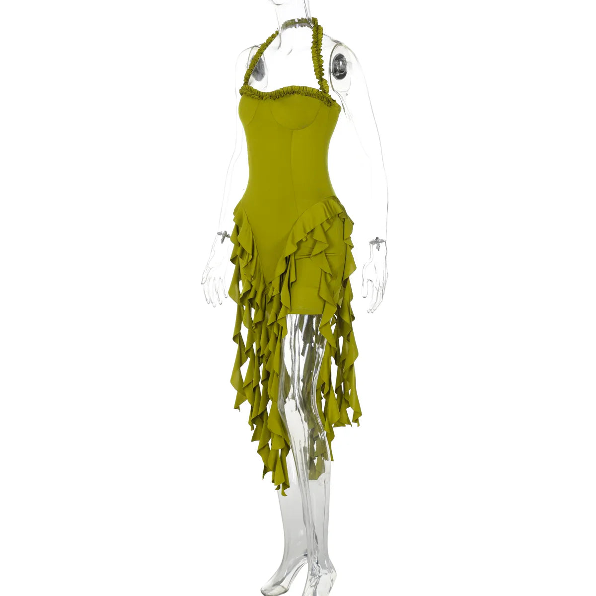 Hugcitar Elegant Halter Solid Ruffles Backless Taseel Sexy Slim Mini Dress Spring Women Cute Outfits Birthday Party Vacation