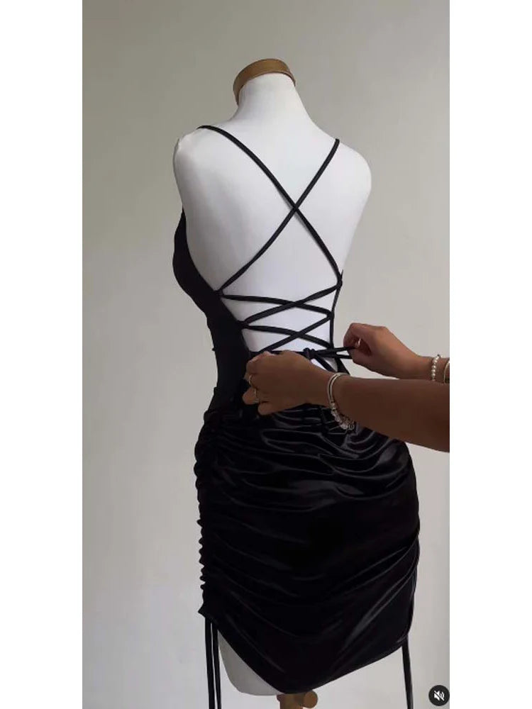 Sexy Sleeveless Backless Bodycon Mini Dress Women Summer Satin Lace Up Party Club Dresses Streetwear Evening Black Y2K 2025 Robe
