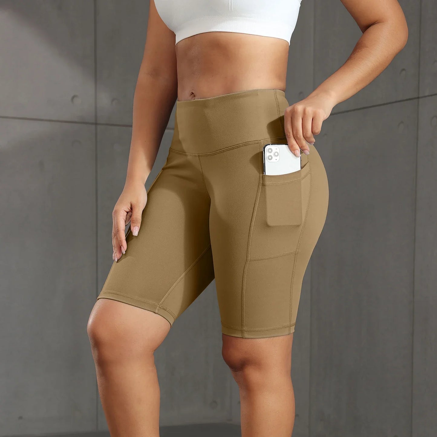 CHRLEISURE Women Solid Yoga Shorts with 3 Pockets High Waist Butt Lifting Workout Tights Gym Elastic Cycling Shorts Activewear