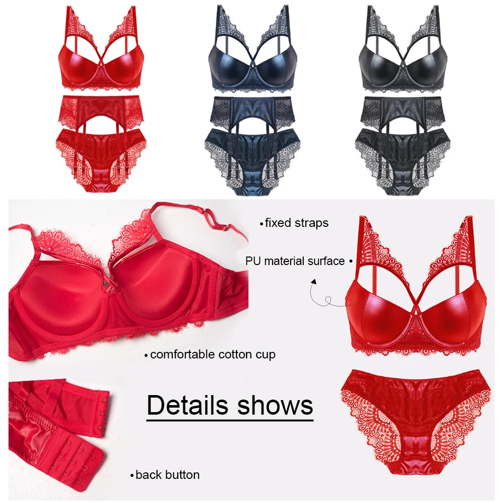 Leather Lingerie Set Female Three-pieces Bra Panties Suit With Garter Solid Lace