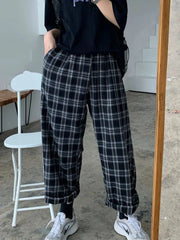 Black Women Plaid Pants Casual Oversize Loose Wide Leg Trouser