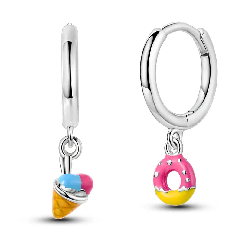 Earrings For Womens 925 Silver Color Pink Rainbow Horse Bear Bee Double Hoop Earrings Fine Engagement Anniversary Jewelry Gifts