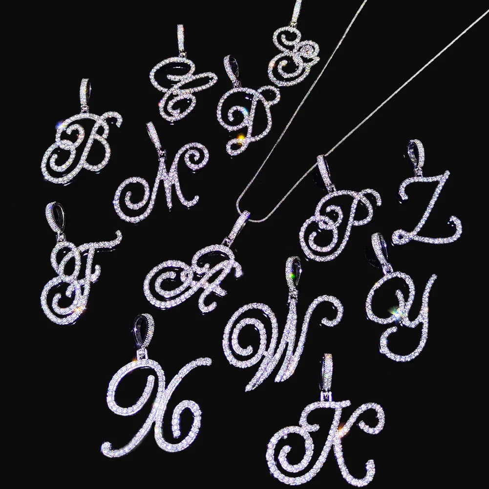 Fashion 26 Cursive Initial Letter Zircon Pendant Necklace For Women Shiny Crystal Alphabet Rope Chain Necklace Hip Hop Jewelry