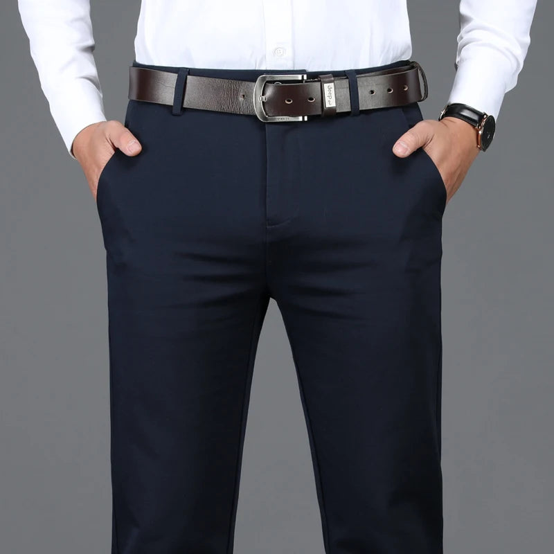 Classic Style Men's Brown Business Straight Casual Pants Solid Stretch Cotton High Waist