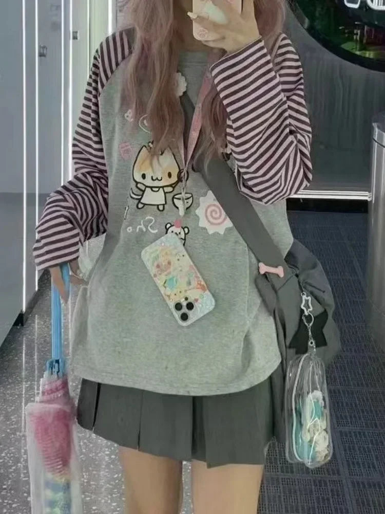 Y2k Harajuku Kawaii Striped Hoodie Women Japanese Fashion Patchwork