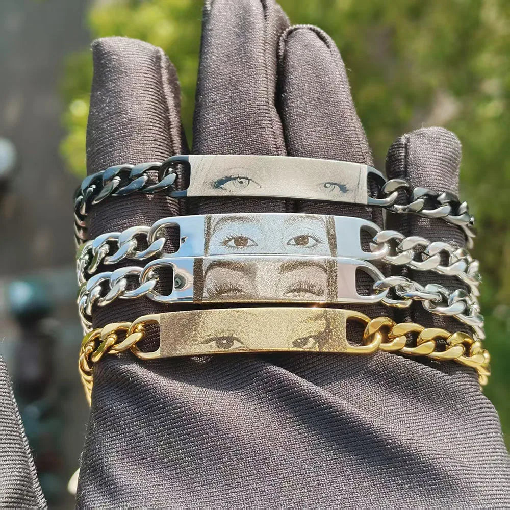 Personalized Eyes Photo Couple Bracelet Laser Engraved Eyes Photo Bracelets Stainless Steel Gifts for Boyfriend Family Father