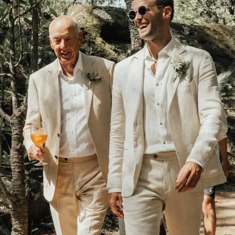 Beige Linen Men Suits Slim Fit Summer Beach Wedding Tuxedo for Groomsmen Casual Male Fashion Blazer with Pants 2 Pieces 2024