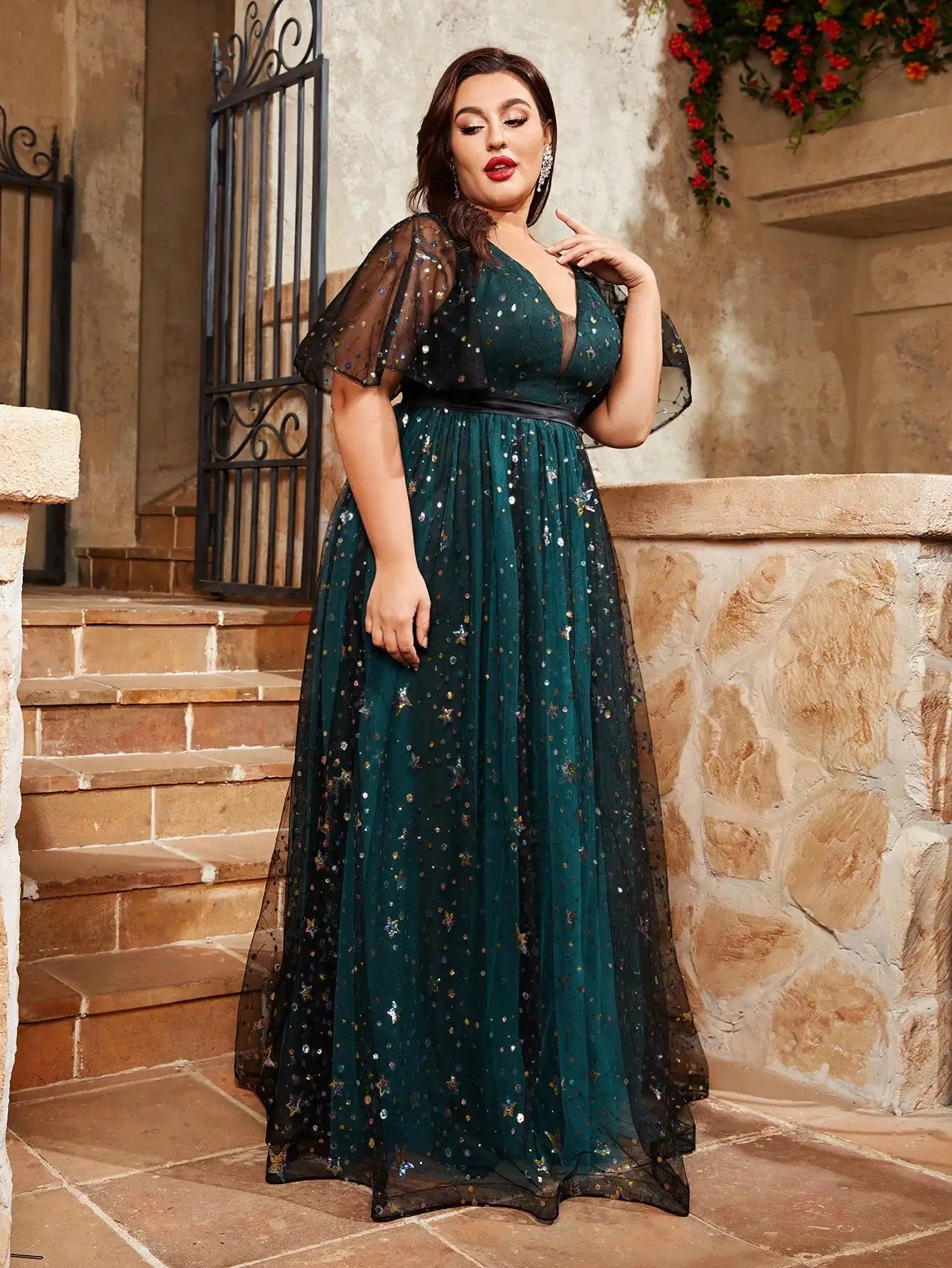 Mgiacy plus size V-neck sequin embroidered contrasting double mesh full skirt Evening gown Ball dress Party dress