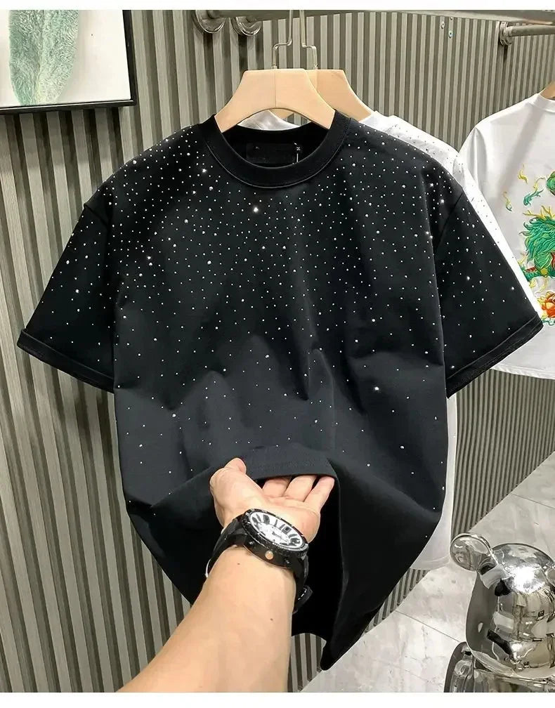 Summer Rhinestone Rivet T-shirt for Men Clothing Round Neck Casual T-shirt Fashion High Street 2025 Men's Summer Short Sleeves
