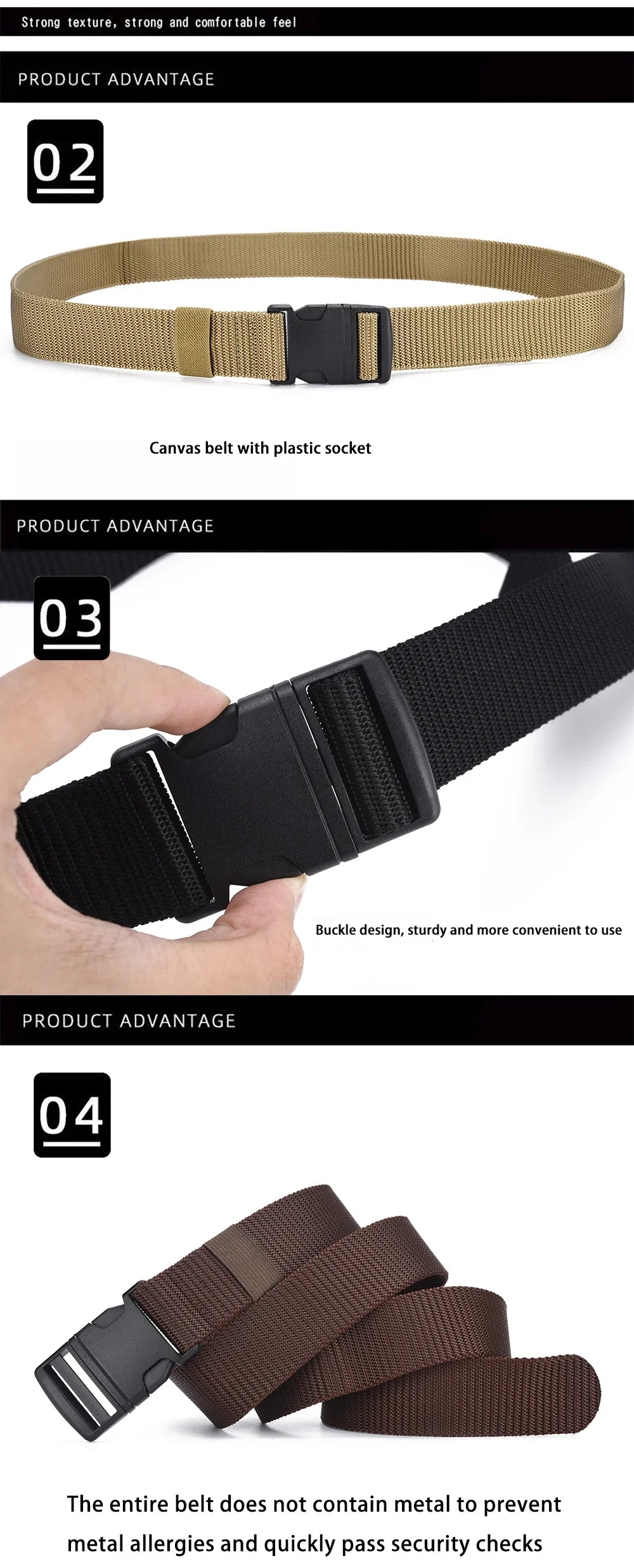 Men's Outdoor Tactical Belt - No Metal Buckle (Plastic), Nylon Canvas Woven, Heavy Duty High Quality Webbing