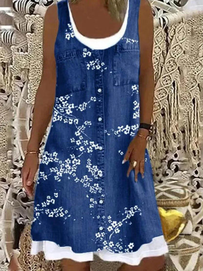 Plus Size Women's casual print loose sleeveless beach vest A-line dress U-neck party dress Knee length patchwork dress