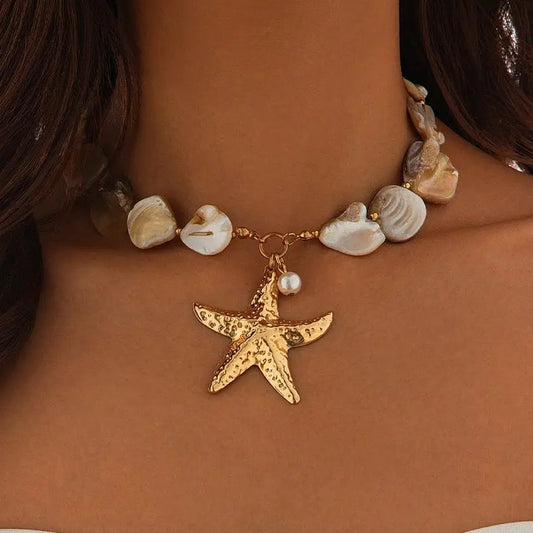 KunJoe Boho Gold Color Large Starfish Pendant Necklace for Women Vintage Imitation Pearl Conch Chain Short Choker Collar Chain