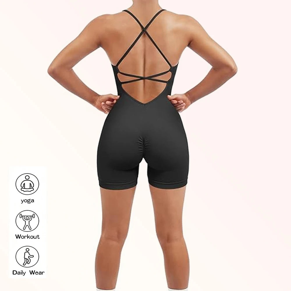 Yoga Criss Cross Backless Cami Sports Romper,Women's Jumpsuits Ribbed One Piece