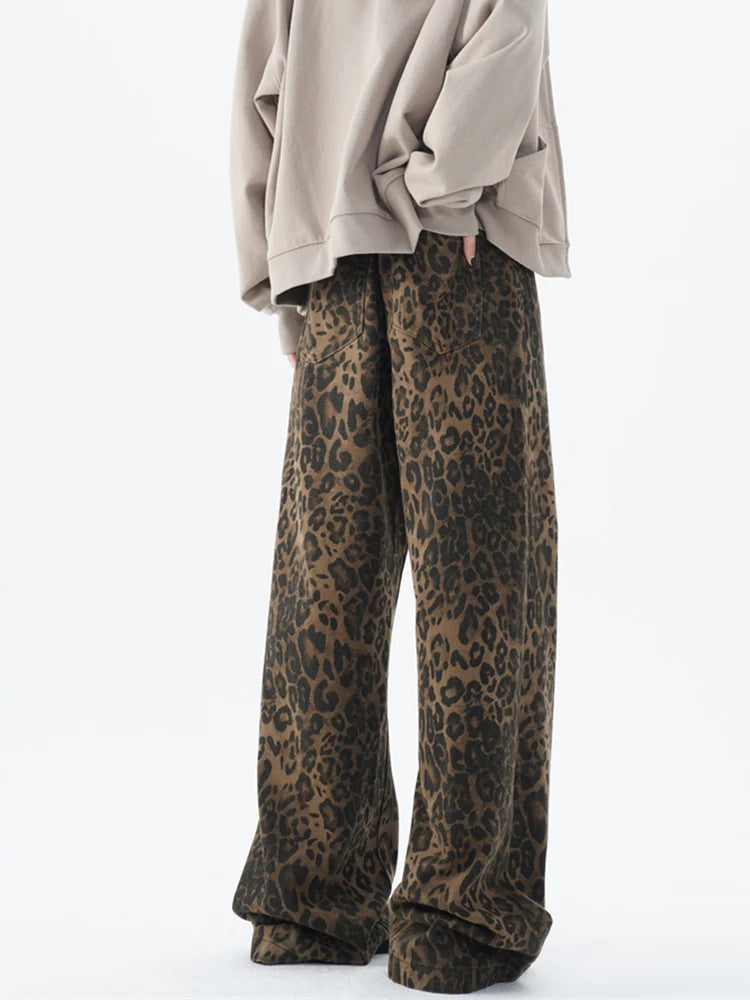 Retro Baggy Leopard Print Women Jeans Y2k American Wide Leg Pants