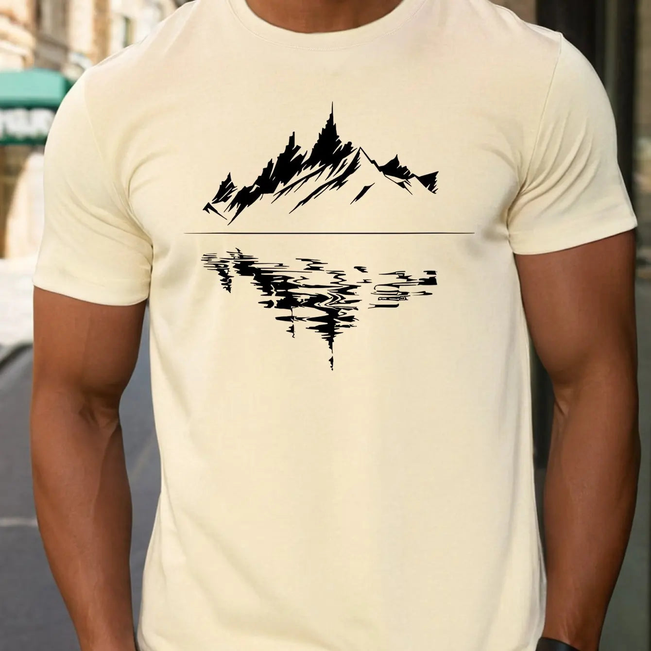 Men's summer 100 pure cotton fashionable casual loose fit plus mountain reflection printed round neck short sleeved T-shirt top