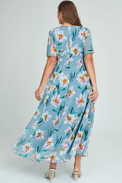 Plus Size Dress Summer Floral Print Chiffon Long Dress Women Blue Short Sleeve Large Hem A-line Maxi Dress Elegant Sundress