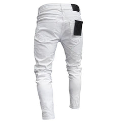 White Embroidery Skinny Ripped Jeans Men Cotton Stretchy Slim Fit Hip Hop Denim Pants