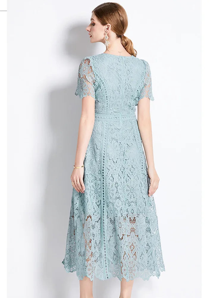 SMTHMA Vintage High-End O-Neck Short Sleeve Lace Hollow Out Dress For Women's
