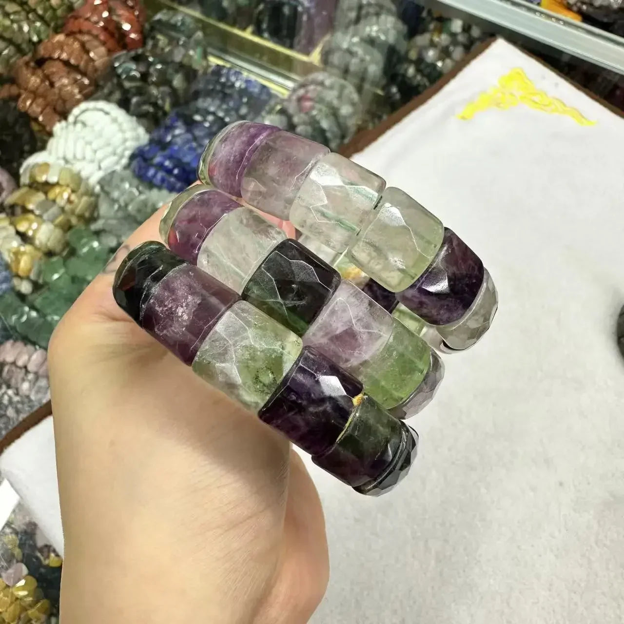 Natural 12x15mm Faceted Stone Unique Crystal Citrine Agate Amethyst Pyrite Fashion Elastic Handcrafted Bracelets Energy Bangles