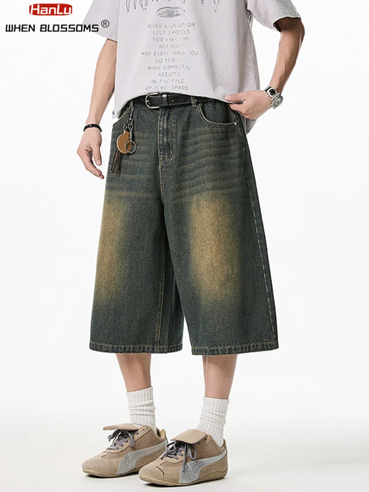 2025 Summer Men's Wide Leg Jeans Shorts Vintage Distressed Wash Y2K Straight Elastic Waist Loose Casual Relaxed Fit