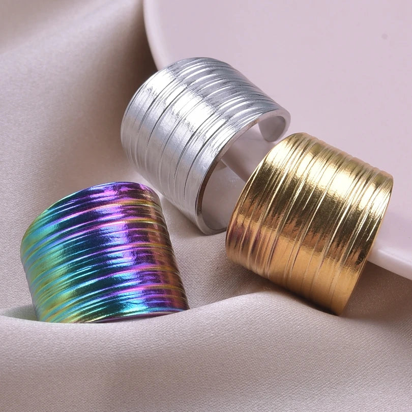 1Pc Stainless Steel Women Personality Textured Chunky Open Rings Punk Hammered