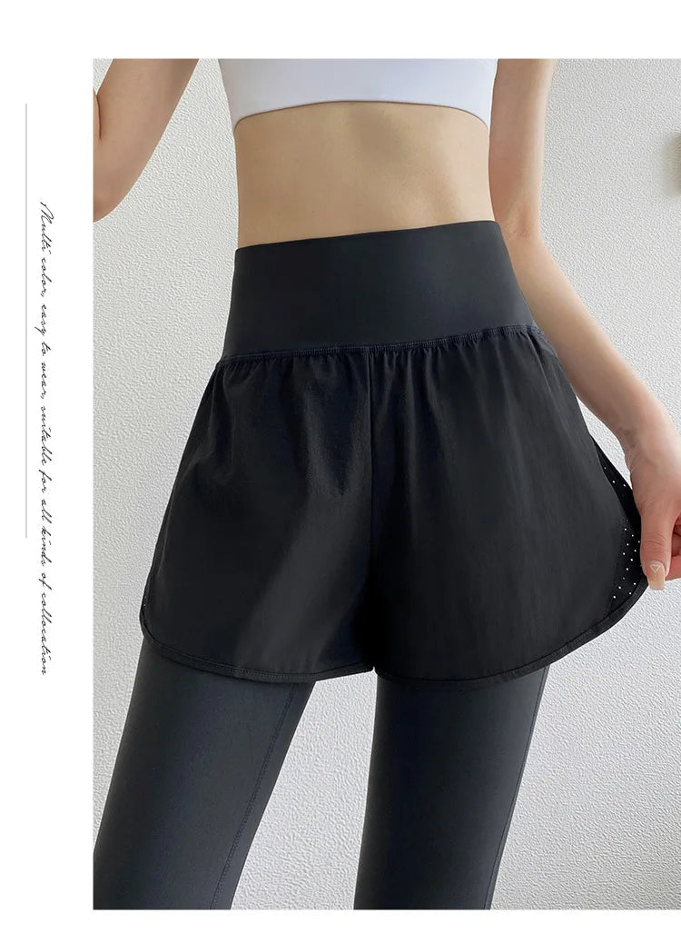 Women Gym Yoga Pants Fake 2 Pieces Sports Pants With Shorts Quick Dry Outdoor