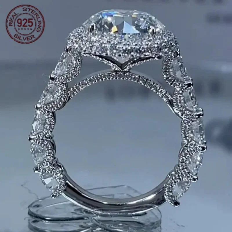 925 Silver Rings For Women Halo Engagement Ring Round Cut AAAAA Zircon Platinum Plated Female Wedding Band Jewelry Gift