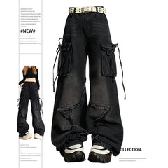 Women's Black Gothic Baggy Sense of Design Cargo Jeans Harajuku Y2k Aesthetic Jeans