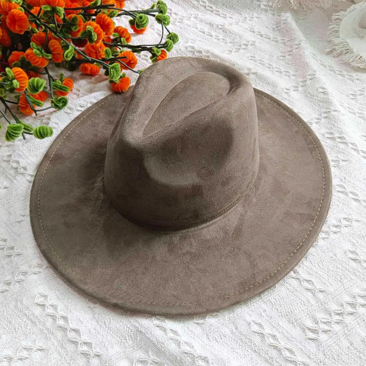 Vegan Suede Fedora Rancher Hats Blank Hats for Burning Multicolor teardrop shaped Top 9.5cm Brim Unisex Jazz Hat Church Hat