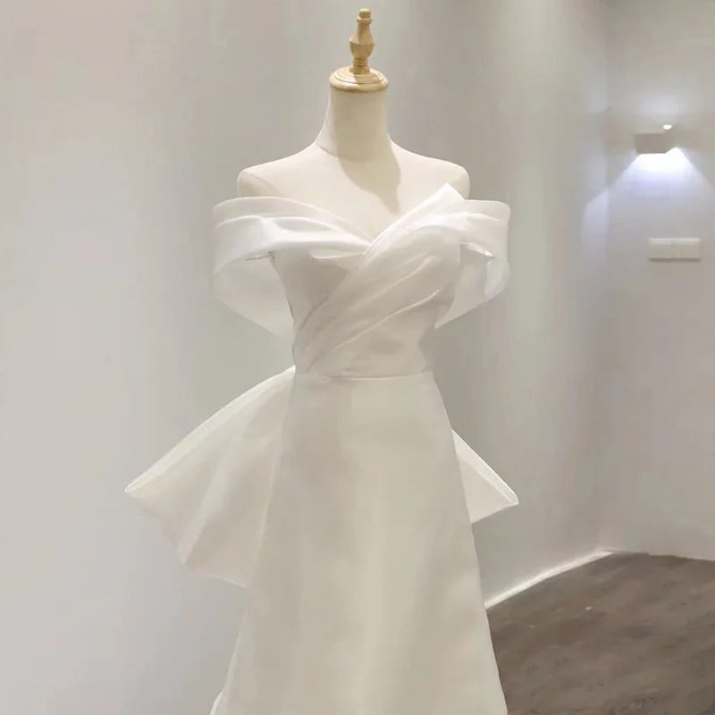 White Bridesmaid Dresses: Off The Shoulder Wedding Dress Big Bow Banquet Dresses