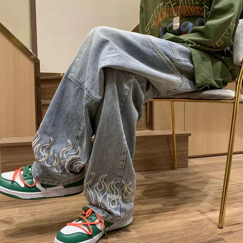 Fashion Flame Embroidery Men's Jeans Neutral Wide Leg Denim Trousers
