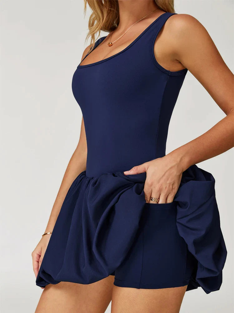VITALINOVO Workout Tennis Dress with Built in Shorts Square Neck Padded Workout Dress with Pockets Golf Athletic Mini Dresses