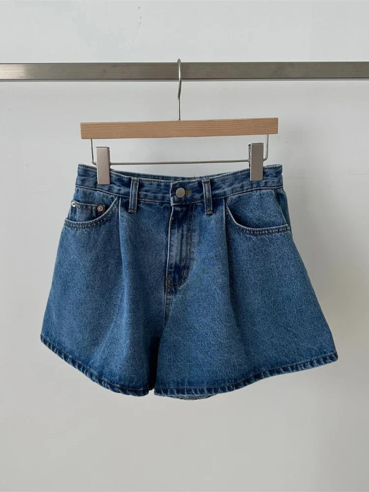 REALEFT 2024 New High Waist Washed Women's Denim Wide Leg Shorts Summer Buttons Casual Female Blue Jeans Trouses Pockets