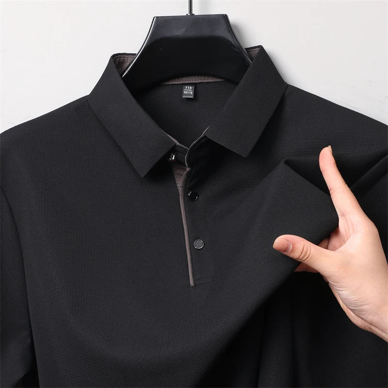 New Men's Business Casual  Long Sleeve Solid Color Polo Shirt Fashionable Warm Comfortable Four Seasons Versatile Top