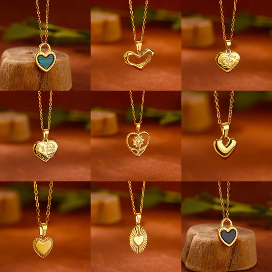 Stainless Steel Love Heart Pendant Necklace For Women Fashion Gold Color Flower Necklace Couple Aesthetic Jewelry Accessories