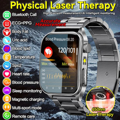 2025 New Blood Pressure 650nm Laser Therapy Diagnosis Smartwatches Men Women Clock Uric Acid Lipid  Heart rate Smart Watch IOS