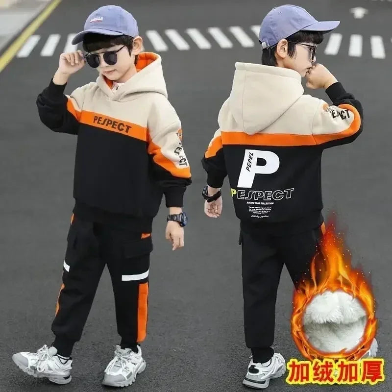 Boys Clothes Set Kids Letter Print Hoodies+Pants 2pcs Tracksuit Teenagers Thick Costume 4 To 14Yrs Big Children's Clothing Suits