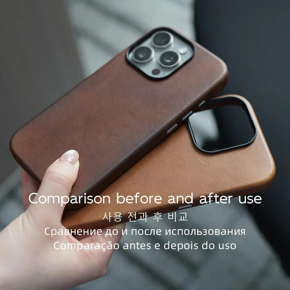 Magnetic Genuine Leather Case for iPhone 17 16 Pro Max 15 14 Compatible with MagSafe Nature Cowhide Retro Phone Cover