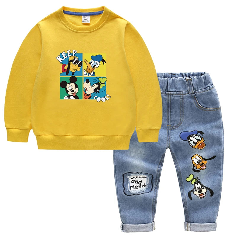 Boys Cotton Clothing Sets Kids Cartoon Mickey Mouse Long Sleeve Tops + Jeans Pants
