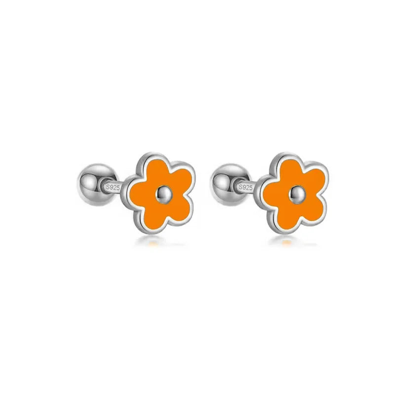 WANTME 925 Sterling Silver Romantic White Enamel Flower Screw Bead Stud Earrings for Women Fashion Simple Piercing Jewelry Gift