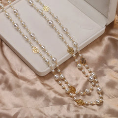 Vintage Lady Camellia Pearls Flower Long Necklace Chain Elegant Double Layers