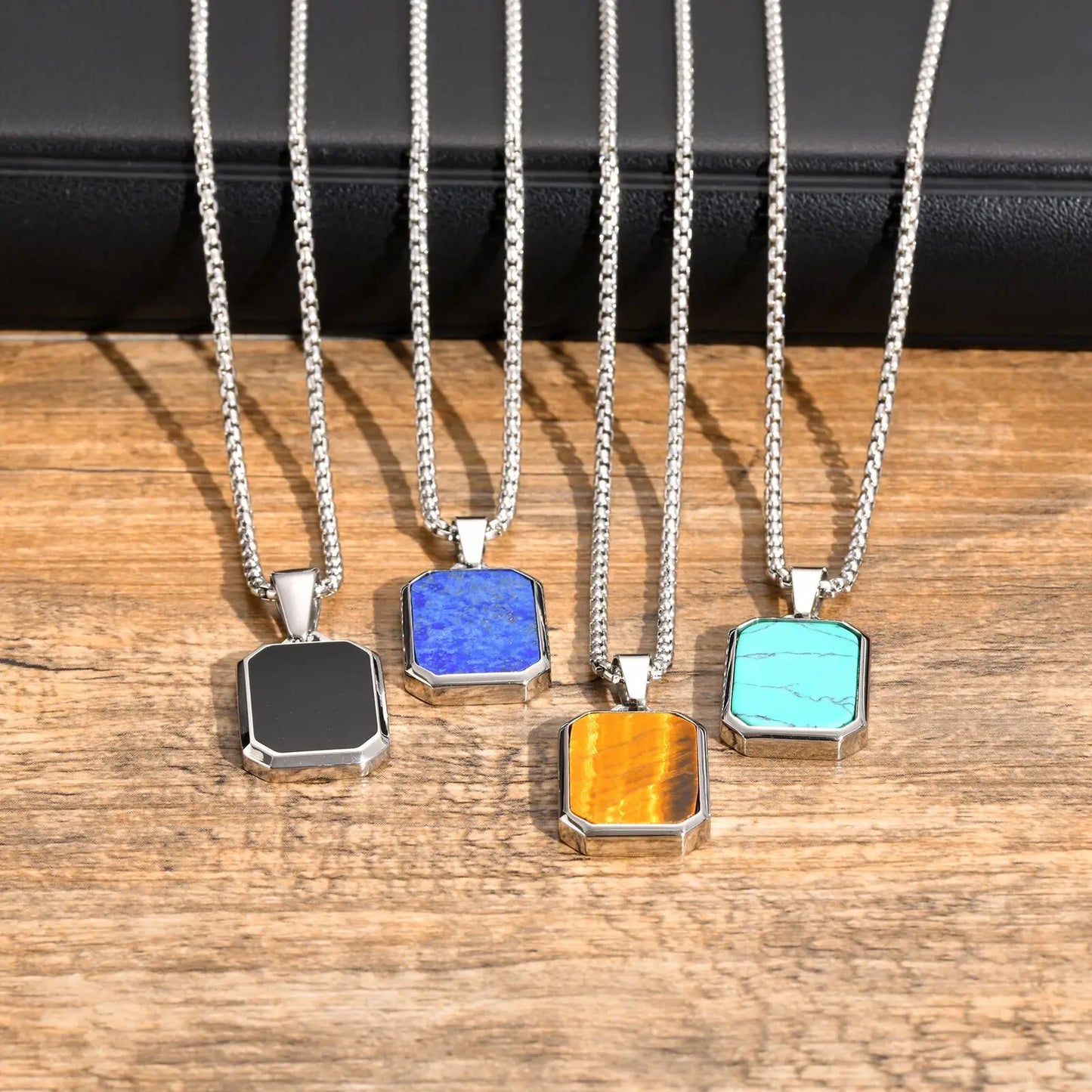 Trendy Pendant Necklaces for Men Boys,Square Natural Stone Stainless Steel Necklaces,Hip Hop Cool Healing Jewelry Gifts