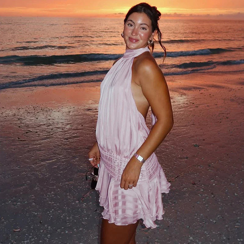 Stunning Shiny Ruffles Lace Up Mini Dress Women's Chic Loose Hollow Out A-line Pleated Vestidos Lady Summer Party Gowns 2025 New