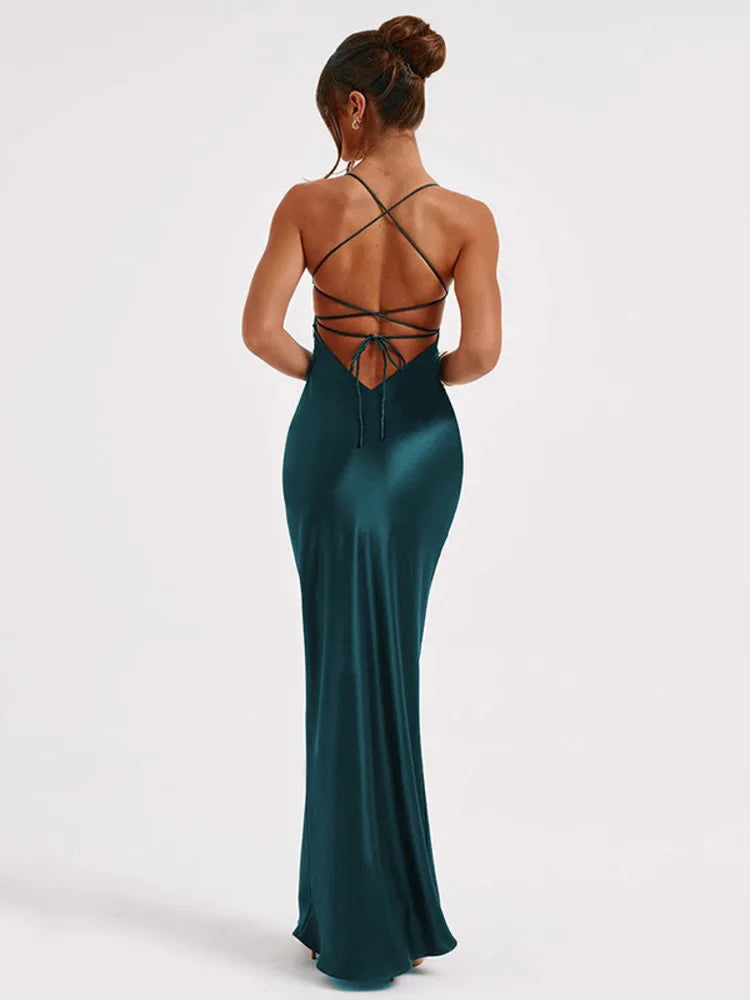 Formal attire Dresses: Strap Bodycon Satin Dress With Open Back Lace Up Female