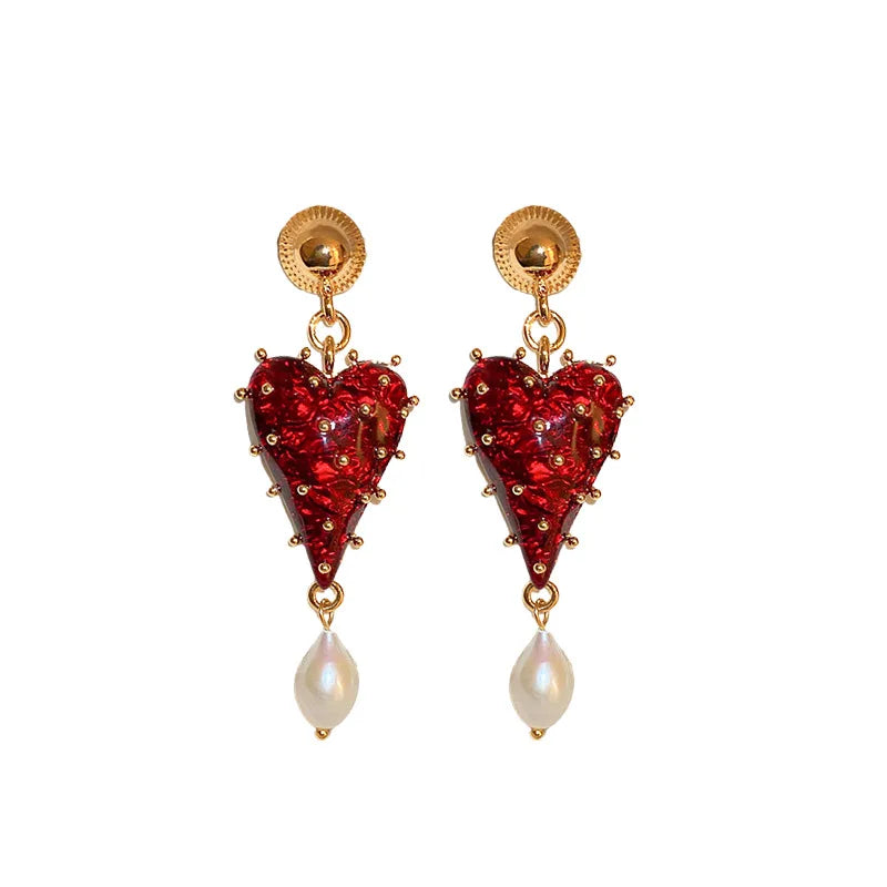 Minar Charming Red Color Resin Love Heart Dangle Earrings for Women Baroque Freshwater Pearl Long Earring Wedding Party Jewelry
